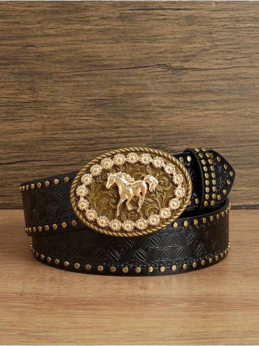 Western Belt Black pu Leather Western Belt with Gold Horse Buckle
